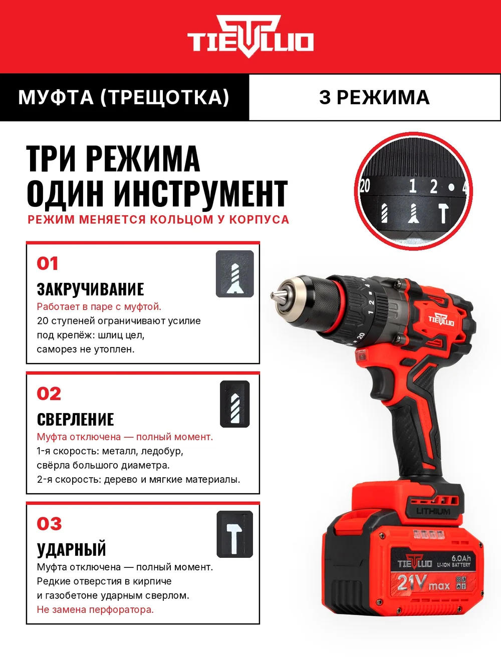 режимы шуруповерт tiellio 13TD