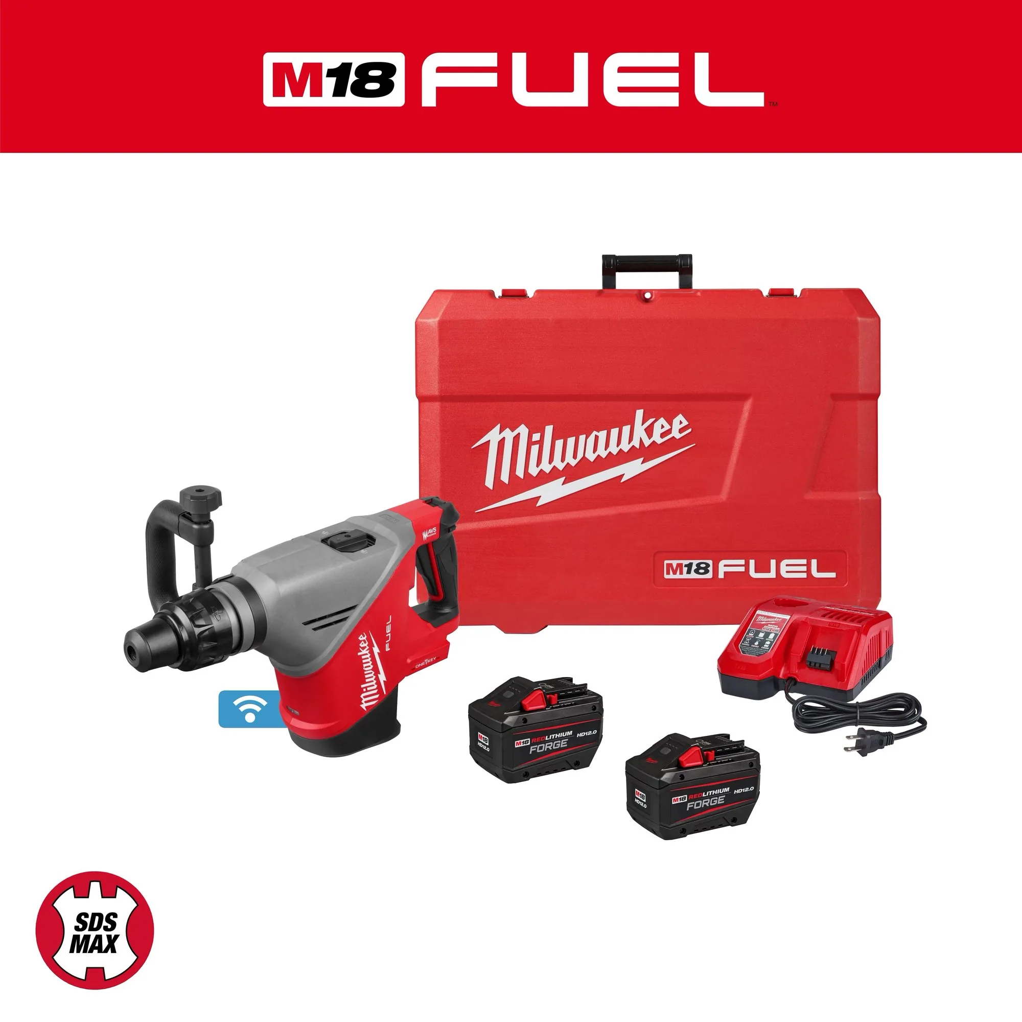 Аккумуляторный отбойный молоток Milwaukee M18 FUEL 18 lb SDS MAX в комплекте с кейсом, двумя аккумуляторами и зарядным устройством